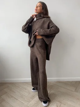 2025 Turtleneck Sweater Set Women's European, American Autumn and Winter New Loose Casual Lazy Thickened Knitted Trousers Set 1