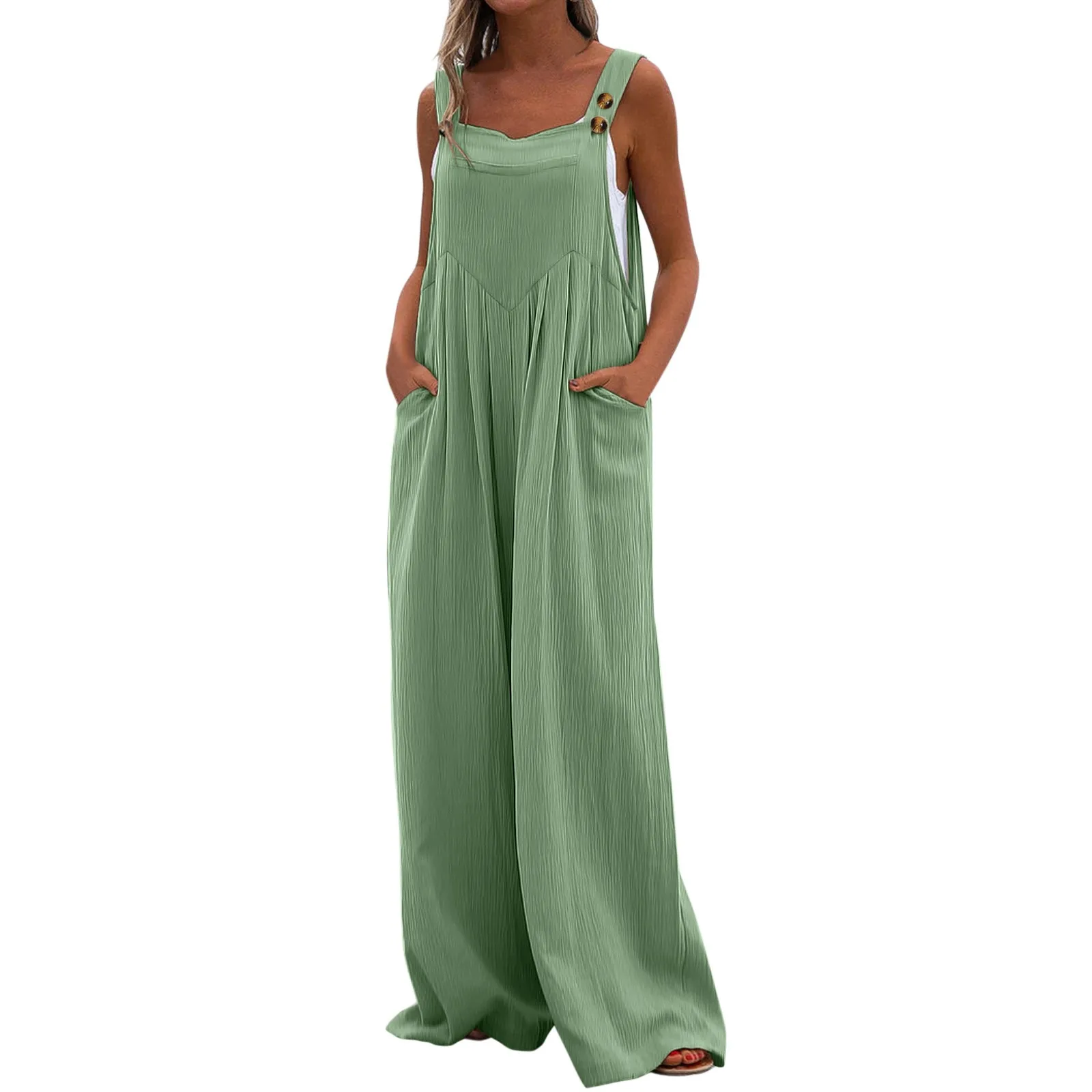 Salopette Donna Cotone, Jumpsuit Donna Estate Gamba Larga Vintage Salopette Tinta Unita Leggeri Casual Senza Maniche Tuta Intera Con Tasche Da Spiaggia