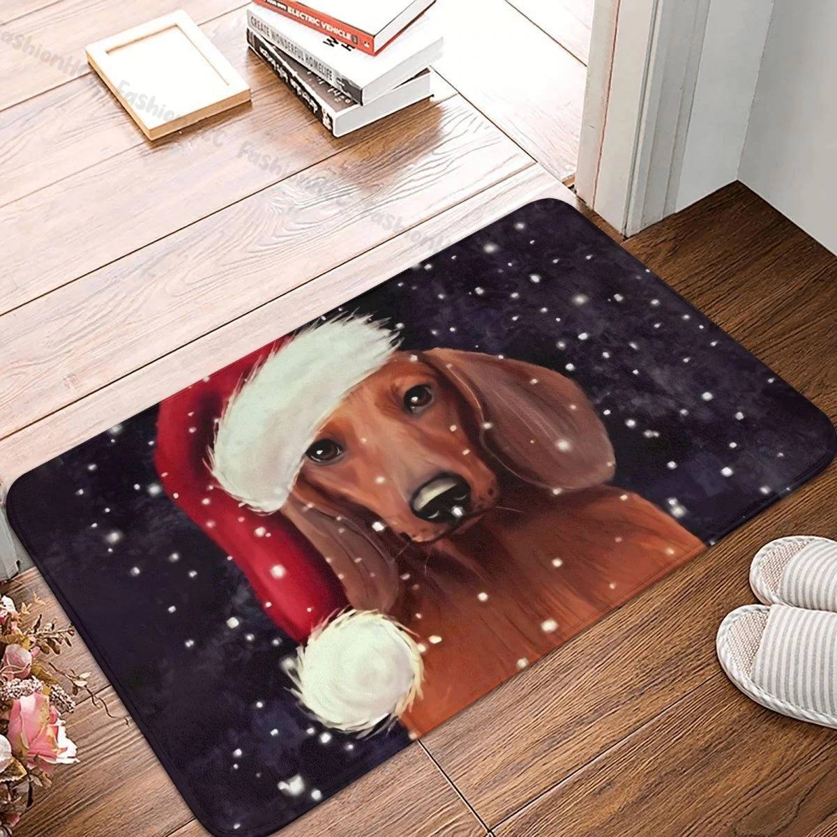 

Merry Christmas Bath Non-Slip Carpet Dachshund Flannel Mat Entrance Door Doormat Home Decoration Rug
