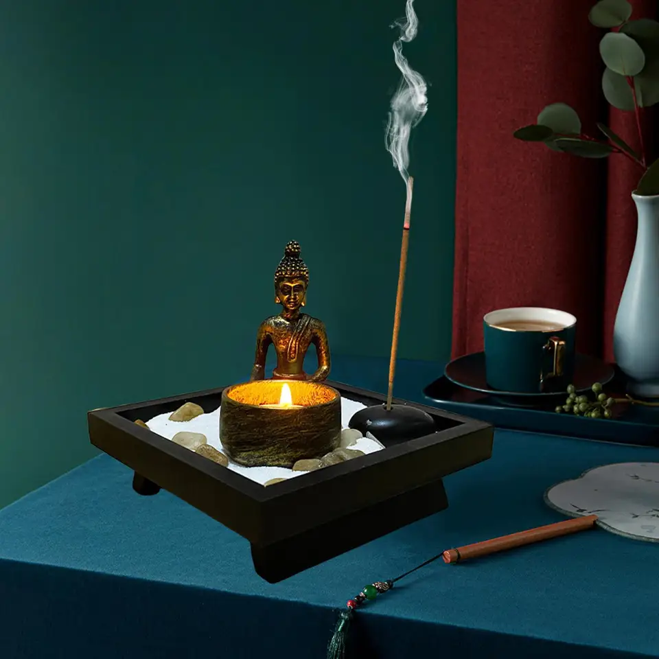 Quemador De Incienso Buda Zen Garden - Set De Decoración Con Buda De Resina, Portavelas, Soporte Para Varillas Y Piedras, Para Meditación Y Relajación