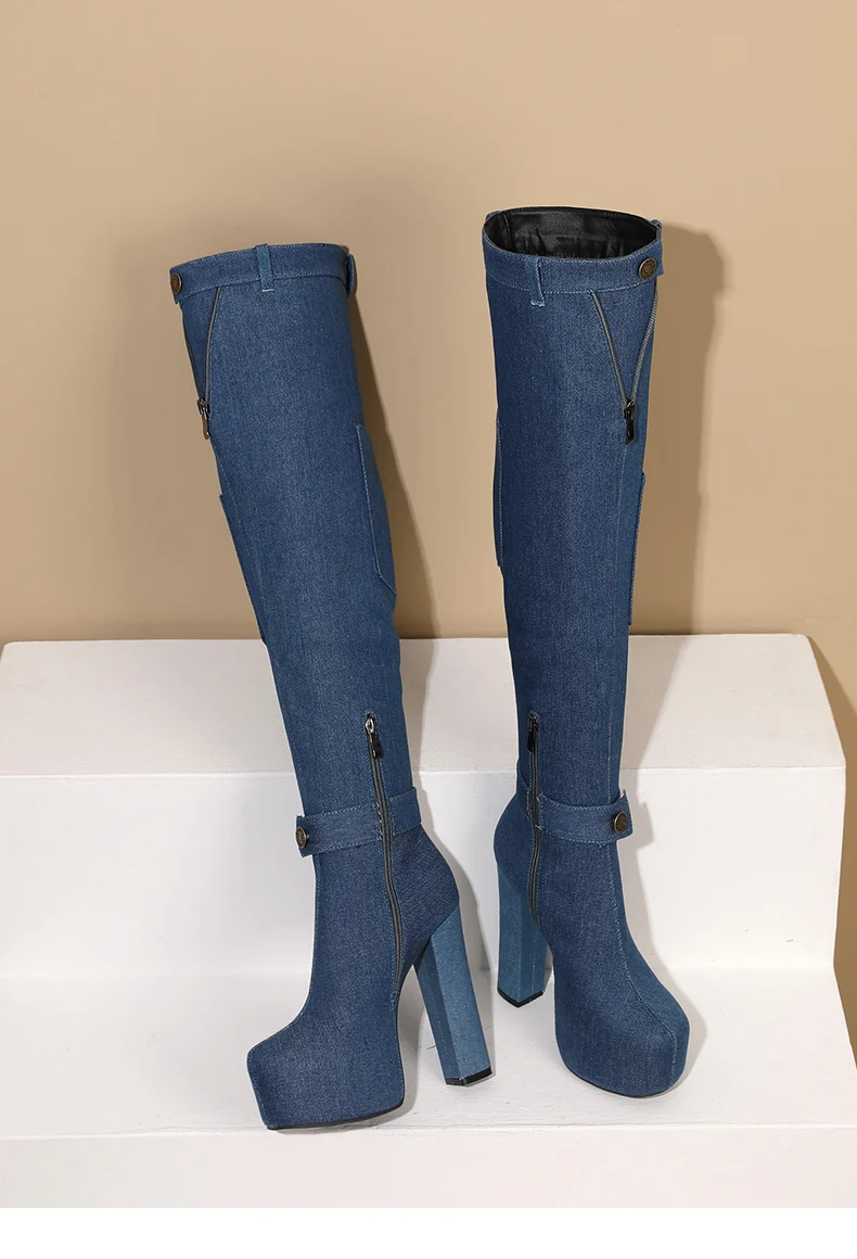 Wearing Mini Bags denim boots High Thick Heels Ultra-High Platform Ankle Buckles Boot Cuffs Belt Buckles Over The Knee Boots