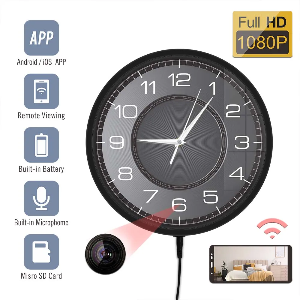 Round Printed Silent Black Aluminum Frame Wall Clock Metal Camera Clock  