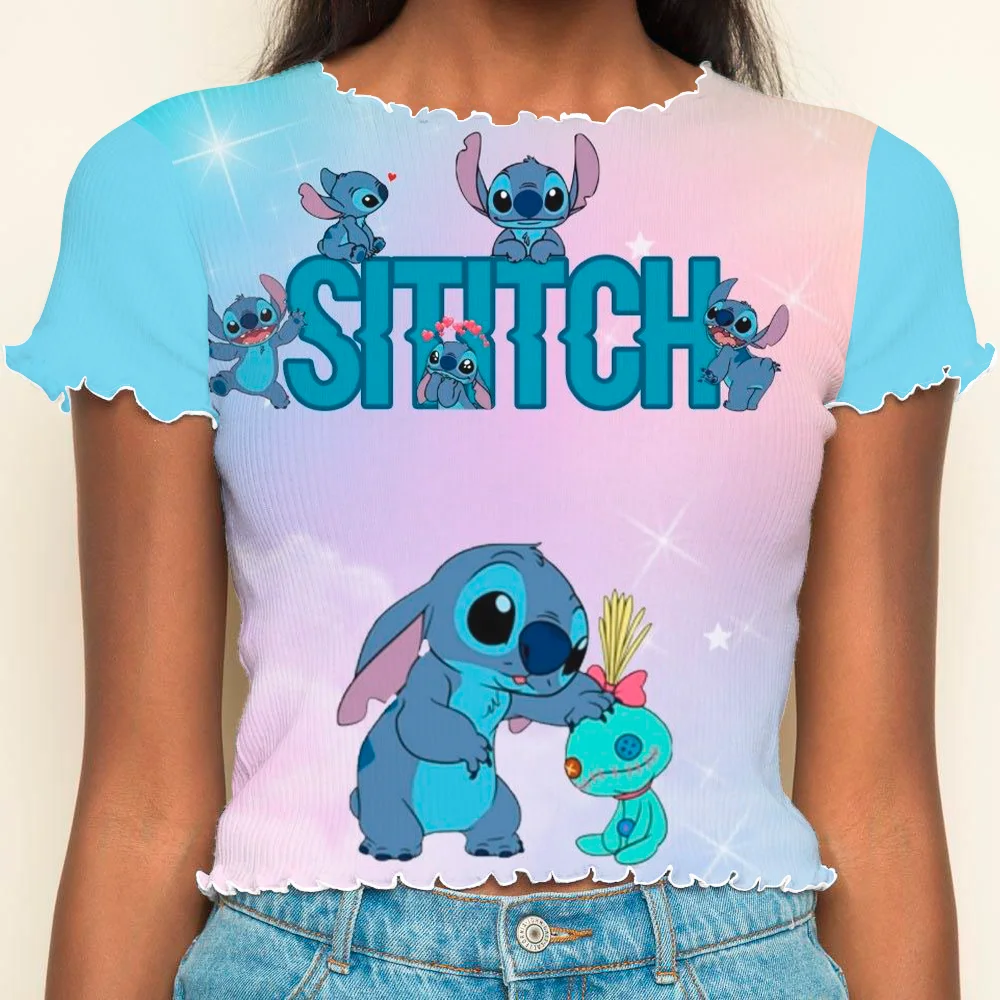 

Y2k T-shirts Crop Top Lettuce Trim Tops Sexys Summer Clothes Women 2024 Short Sleeve Disney T-shirt Stitch Woman Clothing Disney