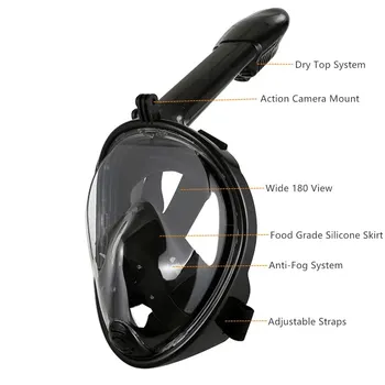 풀 페이스 스노클링 마스크, 카메라 거치대 장착, 접이식 180 도 파노라마 뷰, 김서림 방지 및 누출 방지 상품 이미지