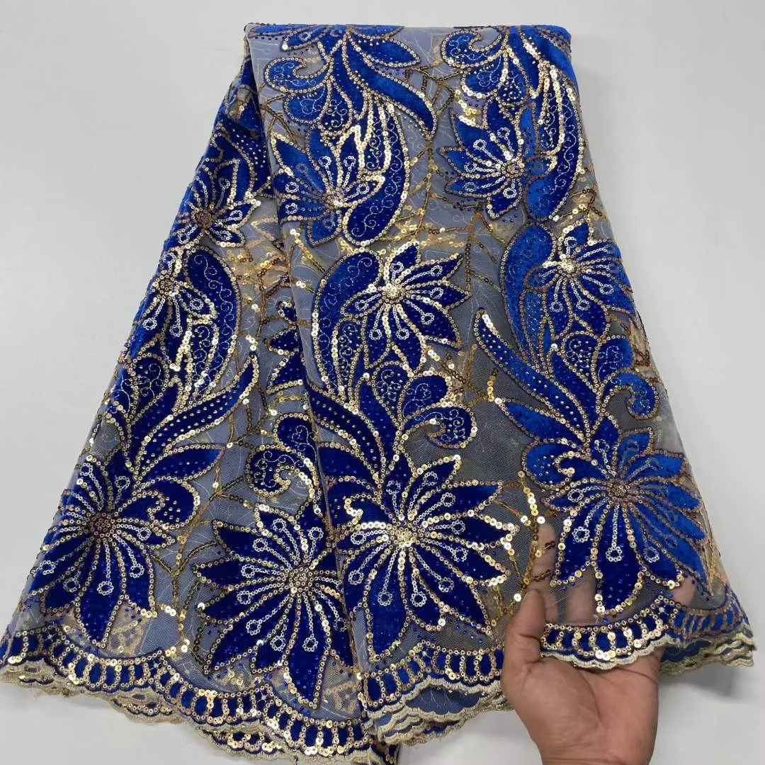 

African Velvet Lace Sequins Fabric 2023 High Quality StoneNigerian Lace Embroidered Fabric For Women Wedding Party Dress Wp171-1