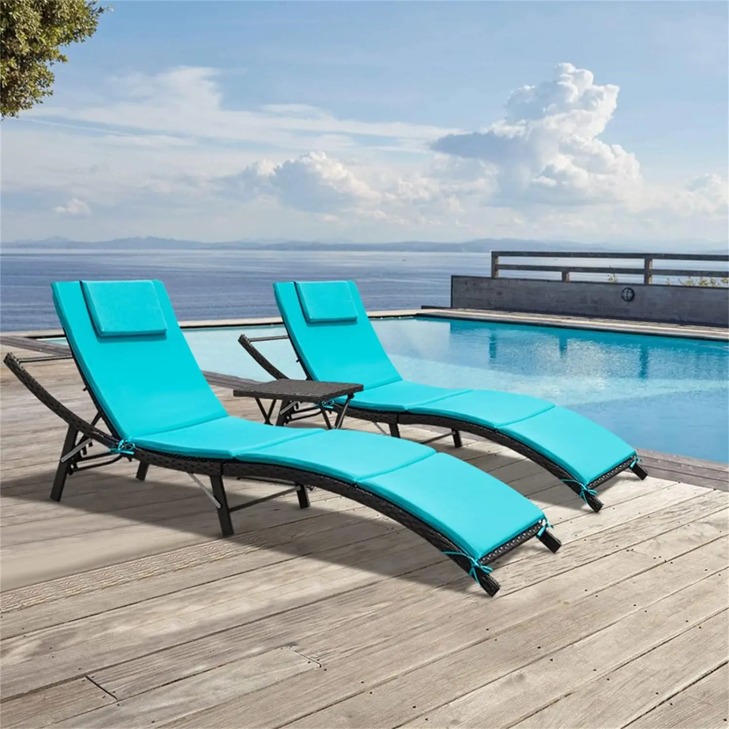 

Lounge Chairs for Outside 3 Pieces Patio Adjustable Lounge Outdoor Wicker Set of 2 with Table Folding Chaise Lounger, Poolside