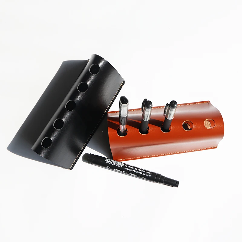 Custom Name PU Leather Pen Holder Vintage Engrave Initials Pencil Case Retro Business Office Student Pen Slot Desktop Organizer