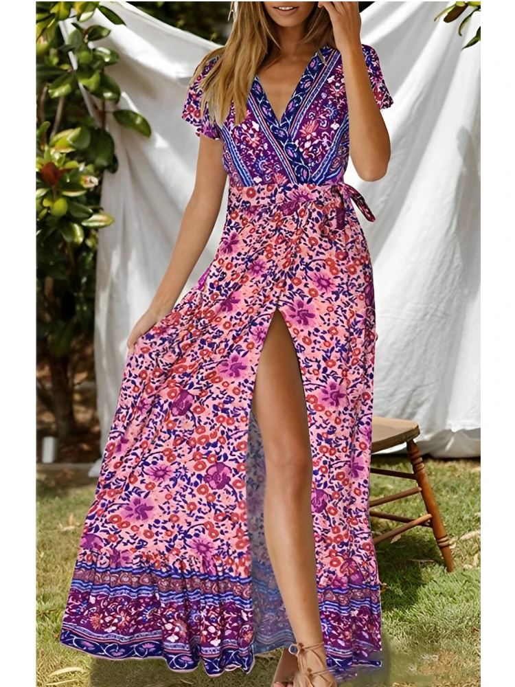 Vintage Chic Women Purple Floral Print Short Sleeve Sashes Beach Bohemian Dresses Ladies V Neck Summer Boho Maxi Dress Vestidos
