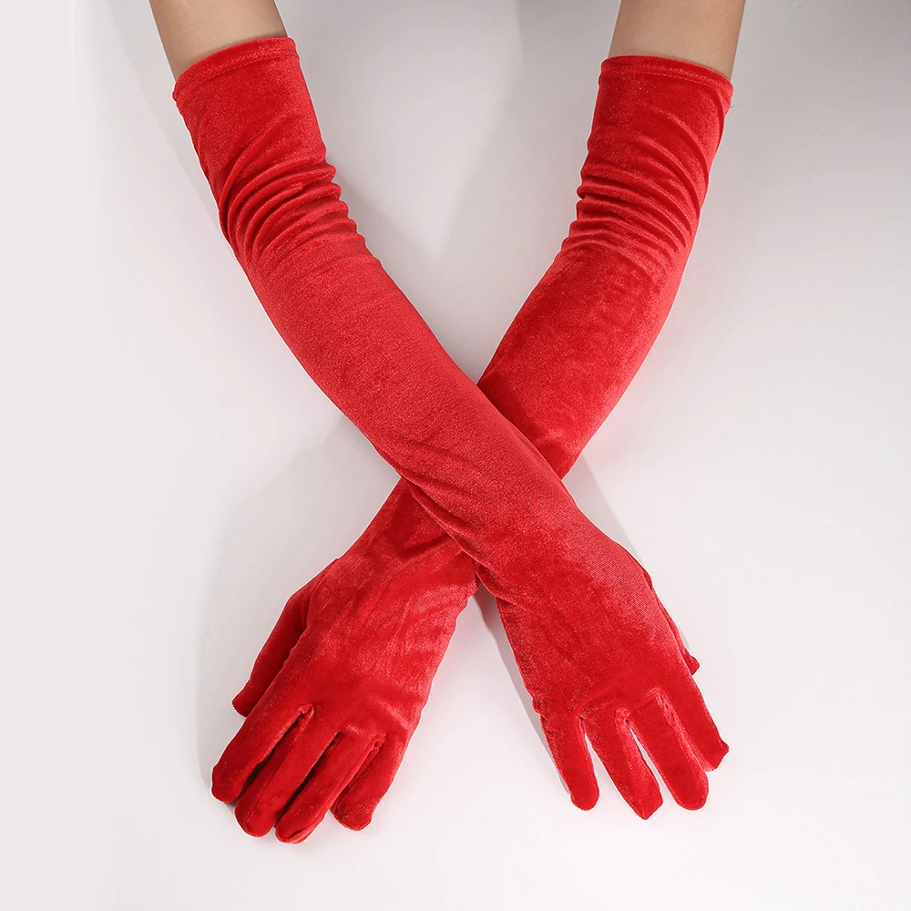 Elegant Velvet Solid 53cm Long Gloves Women Fluffy Gloves Full Finger Party Evening Dress Etiquette Stage Performance Gloves