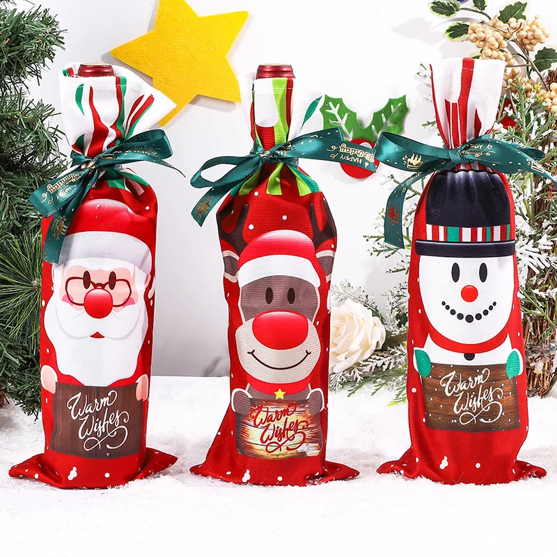 Description Picture 3 of item1 Set Christmas Wine Bottle Covers Christmas Decoration Cartoon Printed Wine Bottle Cover Merry Christmas New Year Table Decor