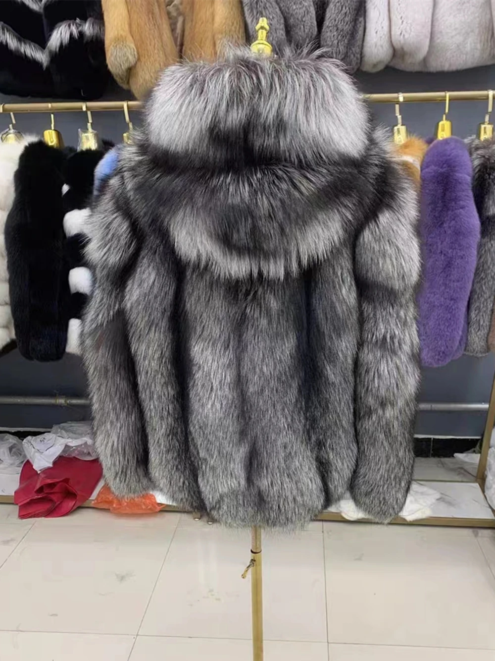 Hooded Fox Fur Coat for Women, Plus Size, Long Sleeves, Female Natural Thick Silver Fox Fur Jacket with Hood, Winter mid length real silver fox fur jacket with hood women winter fashion natural silver fox fur coat female thick warm fur overcoats