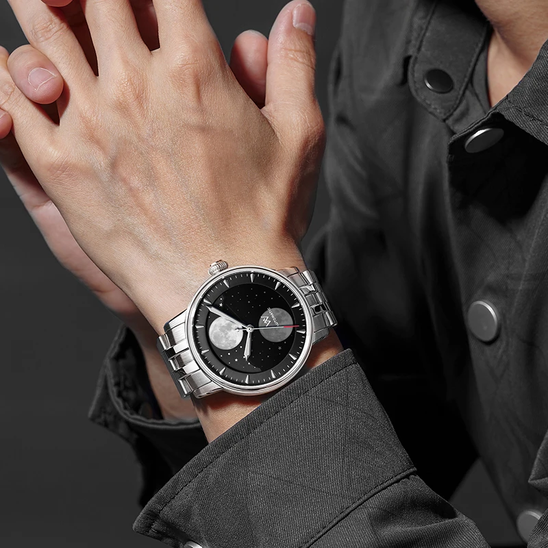 WM Men Automatic Mechanical Lunar Moon Phase Sapphire Waterproof Luminous Twin Moons Watch WM142