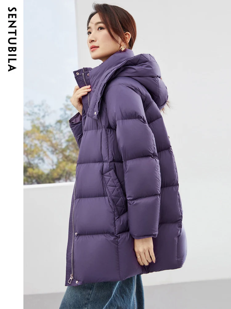 SENTUBILA Women's Loose Hooded Down Jacket 2023 Winter Fashion Zipper Mid Length Down Coats Duck Down Warm Outwears W34Y49697
