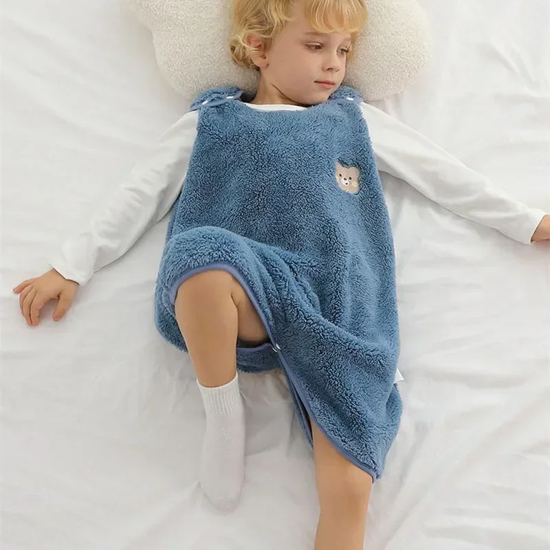 Kids Pajamas Children Warm Sleeveless Coral Fleece Winter Anti Kick Quilt Cute Cartoon Boys Girls Crawling Suit
