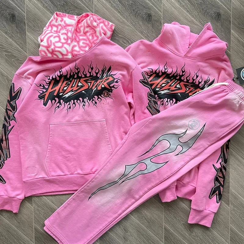 

Y2K Pink Washed Hellstar Studios Joggers Men Women 1:1 Top Quality Oversized Sweatpants Tracksuit Set