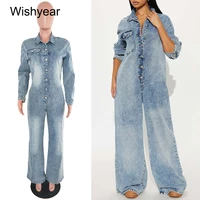 Streetwear Baggy Flare Jeans for Woman Light Blue Button Stretch Denim Loose Jumpsuits Female One Pieces Rompers Winter Overalls