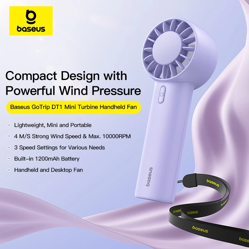 Baseus GoTrip DT1 Mini-Turbinenventilator, tragbar, 3 Geschwindigkeitsstufen, 1200 mAh Akku, wiederaufladbar, für Schreibtisch, Outdoor-Camping_voghion.com