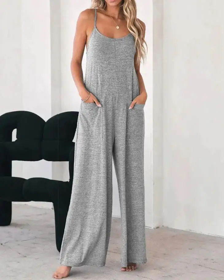 Pocket Design Spaghetti Strap Jumpsuit For Women 2023 Elegant Casual Long  Pants Rompers Female Fashion Outfits size XL Color A