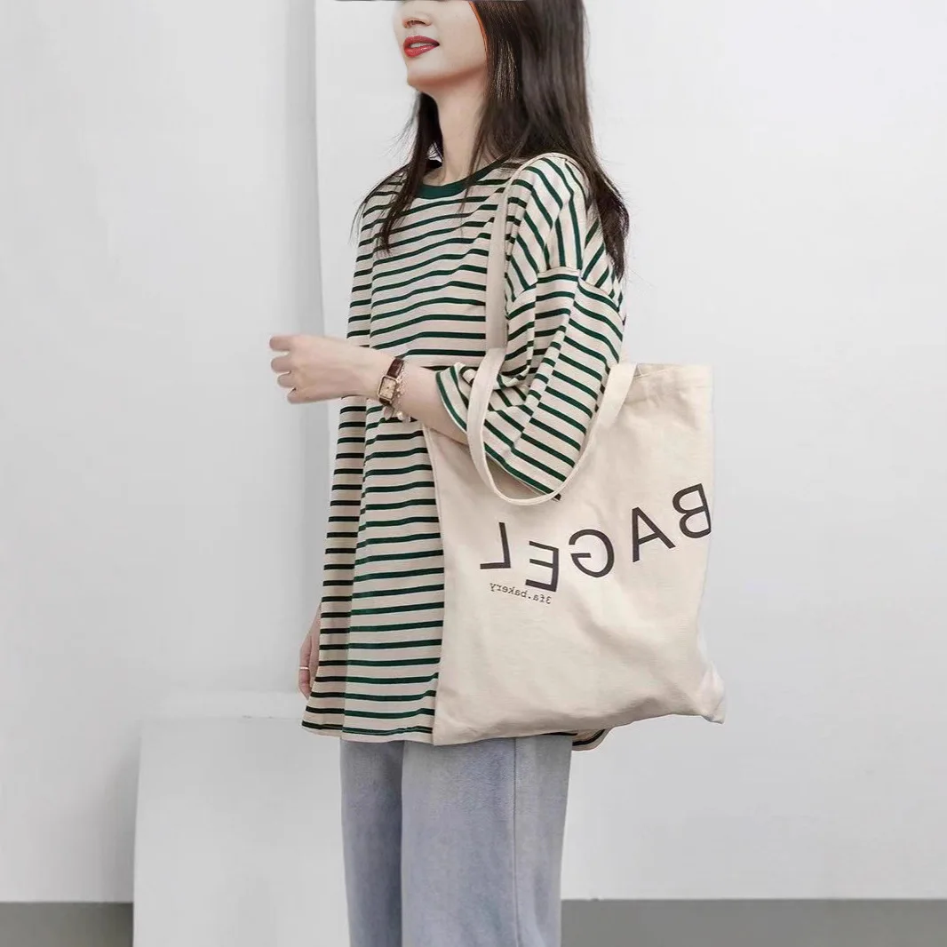 Green Striped Short Sleeve Loose Fit Women T Shirt