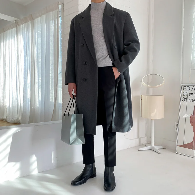 Korean Version Woolen Double Breasted Coat Men's Autumn and Winter Medium Length Thickened Trench Coat Loose Cloth Coat
