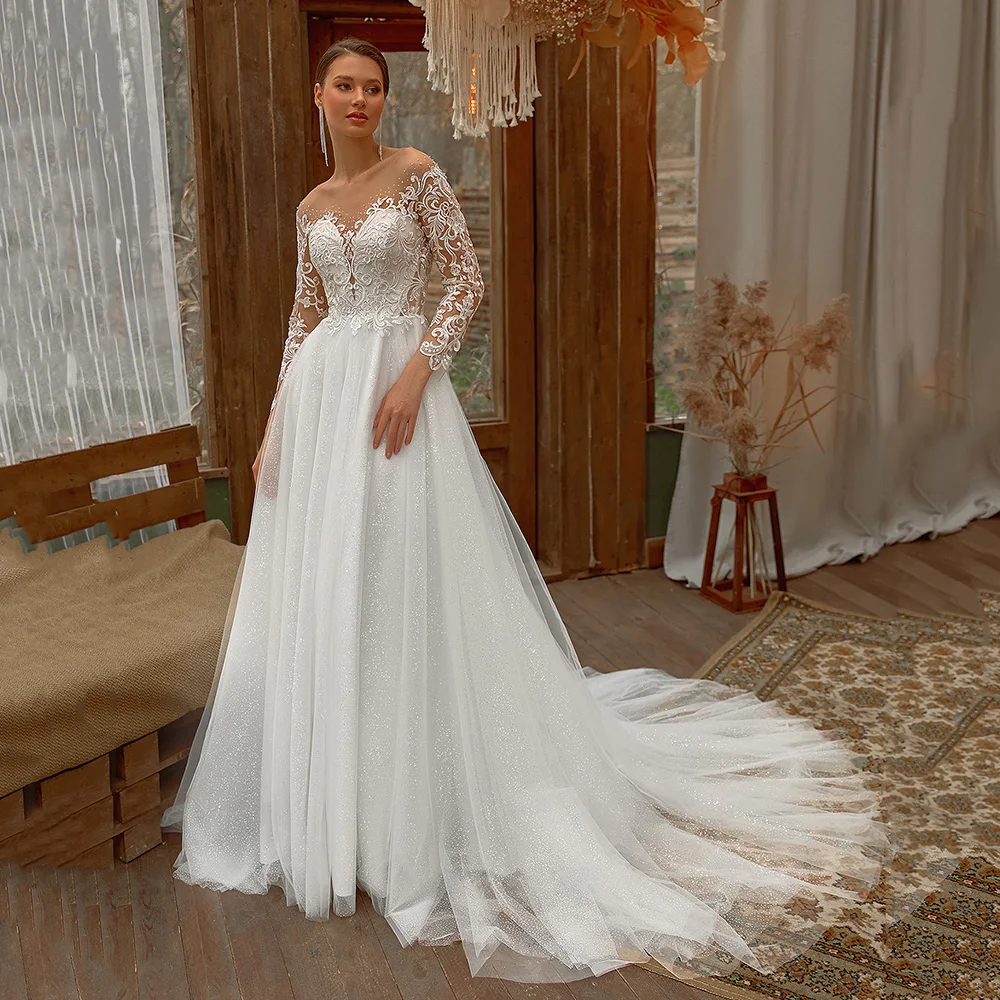 

Classic Long Sleeves Wedding Dresses Sheer Neck Lace Bride Dress Custom Made Glitter Tulle A-line Bridal Gown 2023