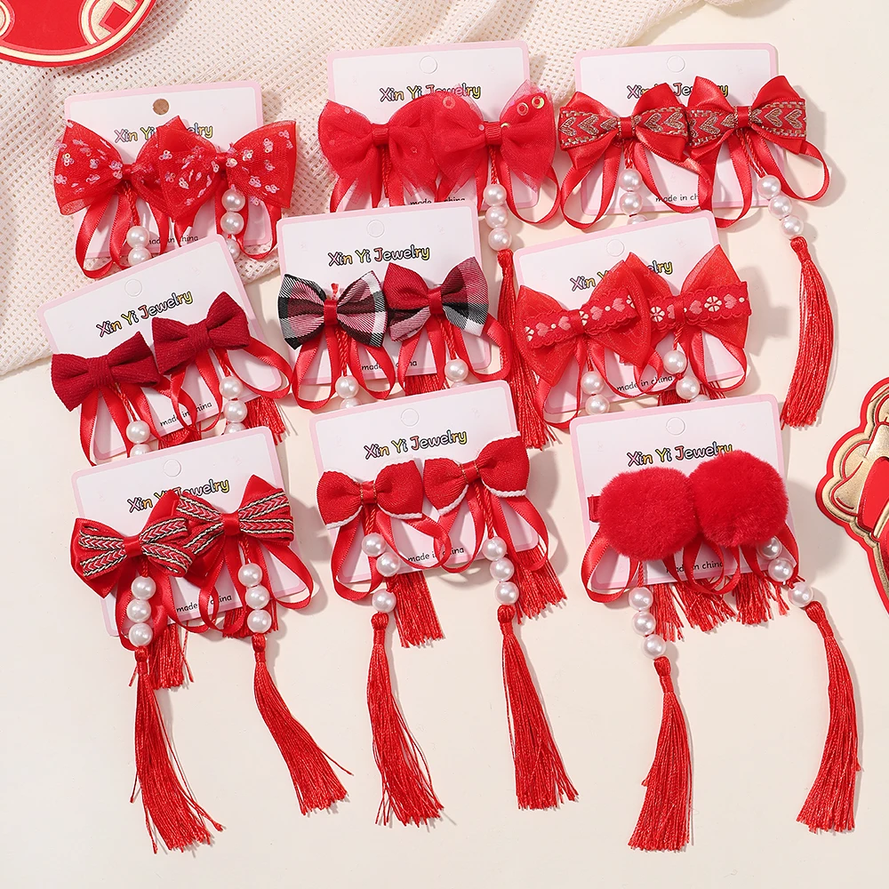 2/4pcs/set Chinese New Year Red Hairclip Tang Costume Headwear Girl‘s Ancient Style Hairclip Jewelry for Baby Tassel Hairpin 2