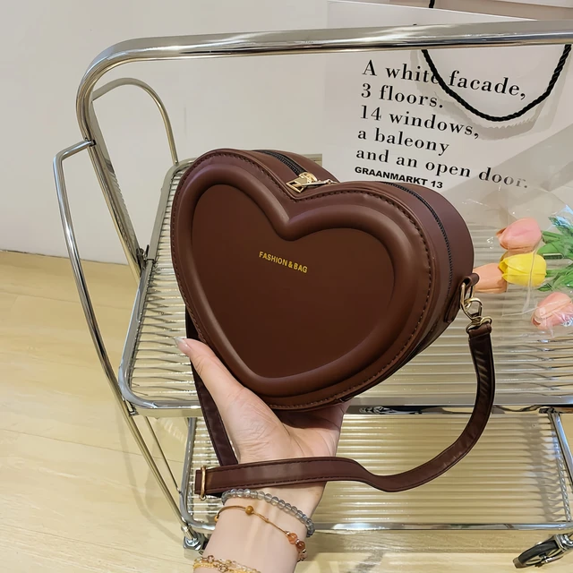 Hot Selling Heart Crossbody Bag Women's Solid Color PU Leather Versatile Sweet Shoulder Bag Fashion Handbag-tan 6