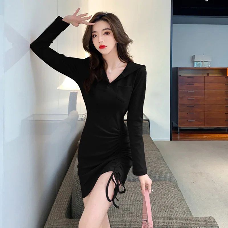 

Женское приталенное пикантное платье на шнуровке, осенние платья с длинным рукавом и разрезом, однотонные модные женские платья в Корейском стиле
