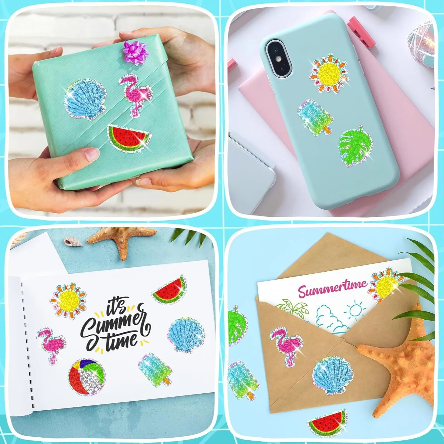 500Pcs 여름 스티커 롤 홀로그램 레이저 하와이 열대 루아우 비치 데칼 계절별 휴일 파티 선물 DIY 공예품