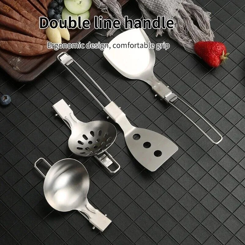 Outdoor Camping Tableware Foldable Spoon Soup Ladle Stainless Steel Abrasion-resistant Portable Cooking Spoon Utensil Tool