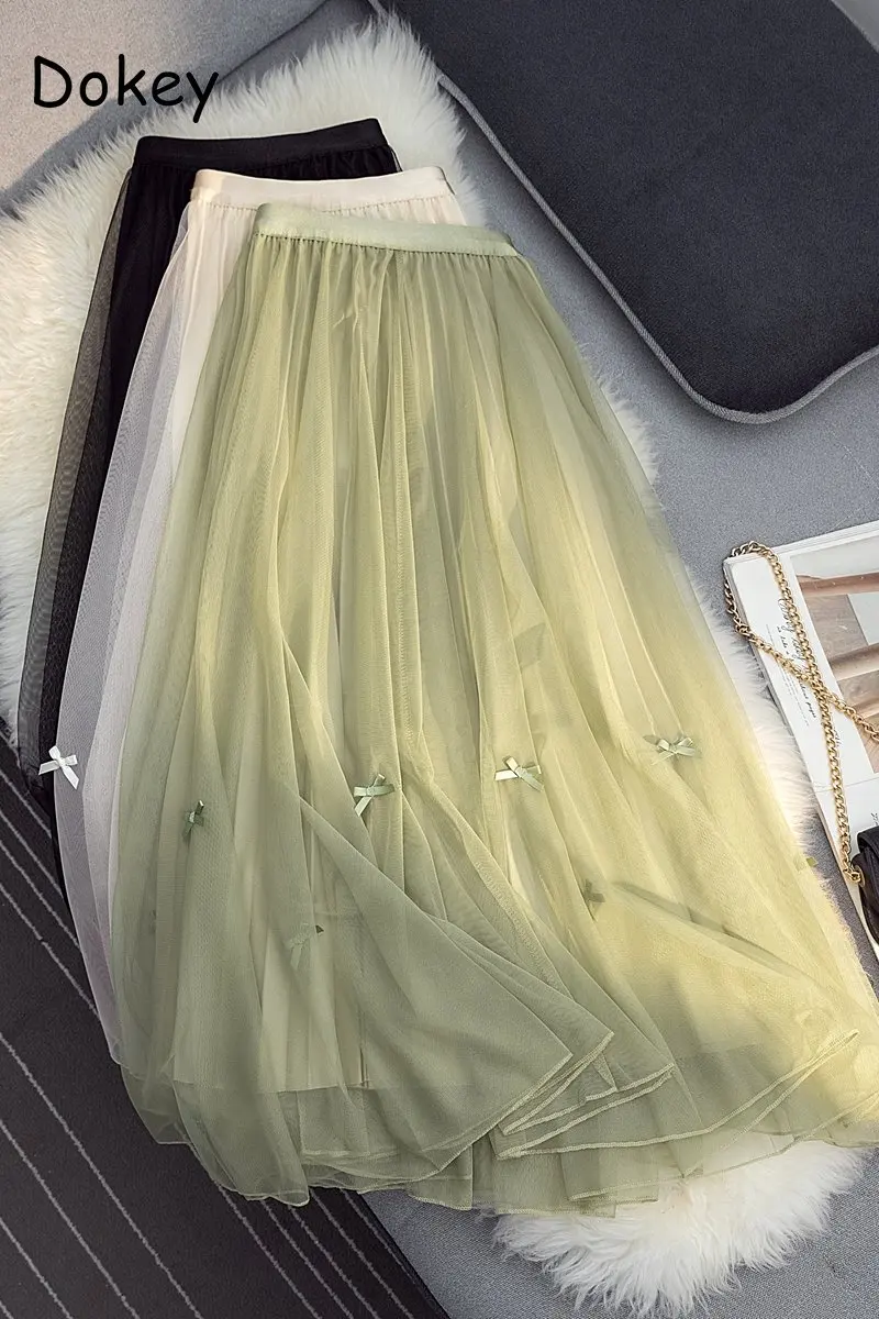 

Vintage Tulle Pleated Long Skirt Women Korean Elegant Bow Mesh Green Skirts Summer Casual Elastic High Waist A-Lien Skirt Female