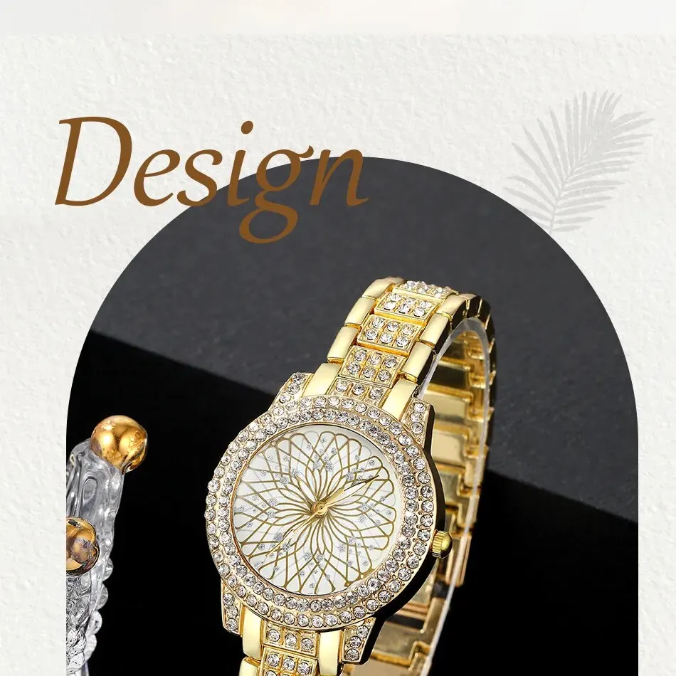 Sfd1e7d41470f491faa0a01db4cd4fa289 5PCS Set Luxury Watch Women Ring Necklace Earrings Rhinestone Fashion Wristwatch Female Casual Ladies Watches Golden Color Set Mallzona