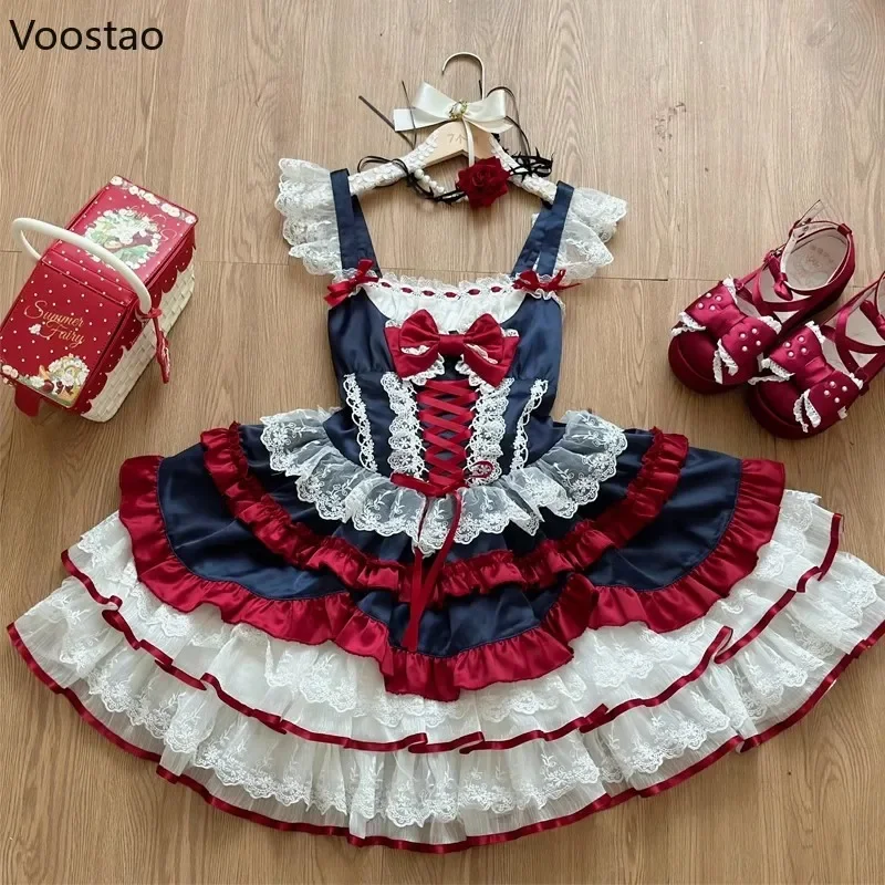 Lolita Dress Japanese Sweet Lolita Jsk Dress Women Kawaii Lace Ruffles Bow Bandage Slim Princess Dresses Girls Y2k Cute Tea Party Mini Dress Lolita Suspender Dress Lolita Cosplay Costumes