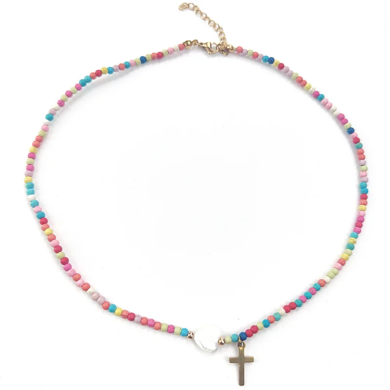 

ALLNEWME Bohemian Multicolor Rammel Shell Beads Strand Irregular Pearl Cross Chokers Necklaces for Women Girl Wholesale Jewelry