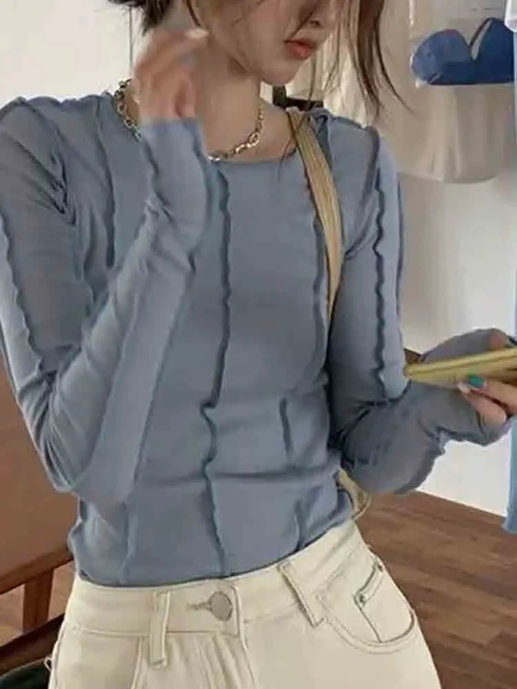 Long Sleeve T-shirts Women Spring Solid O-Neck  Bright Line Decoration Slim Casual Soft High Quality Women ??? ???????