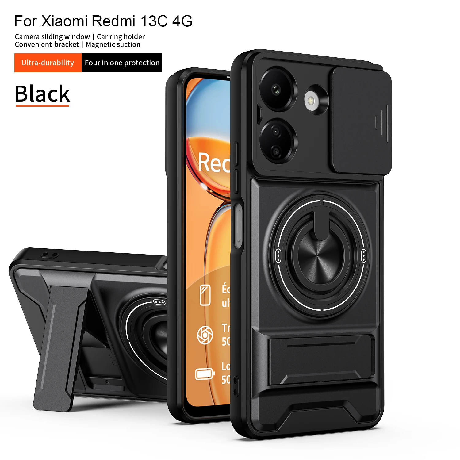 Armor Shockproof Phone Case with Sliding Camera Cap and Magnet Ring Kickstand