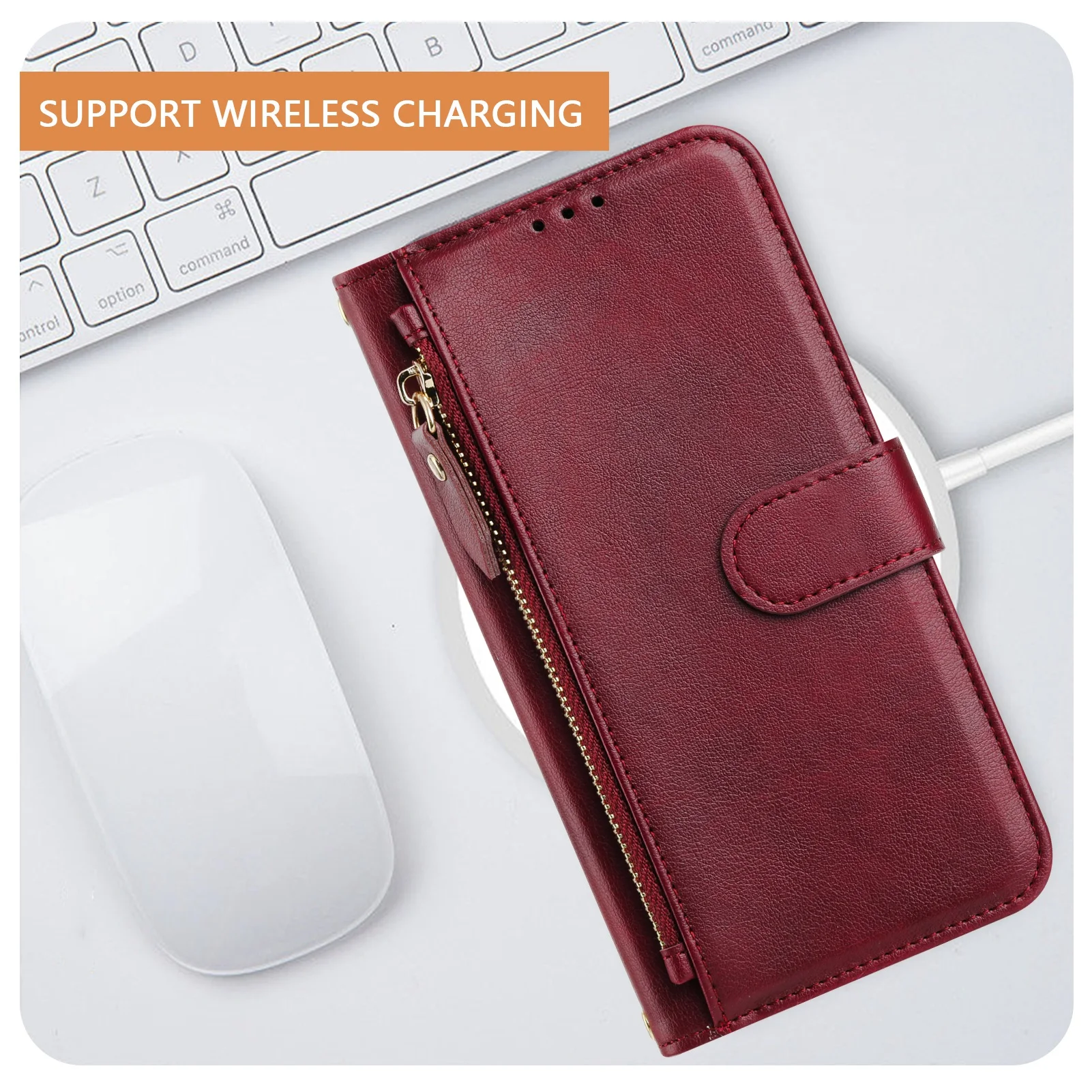 Strap Zipper Card Leather Wallet Case with Flip Cover