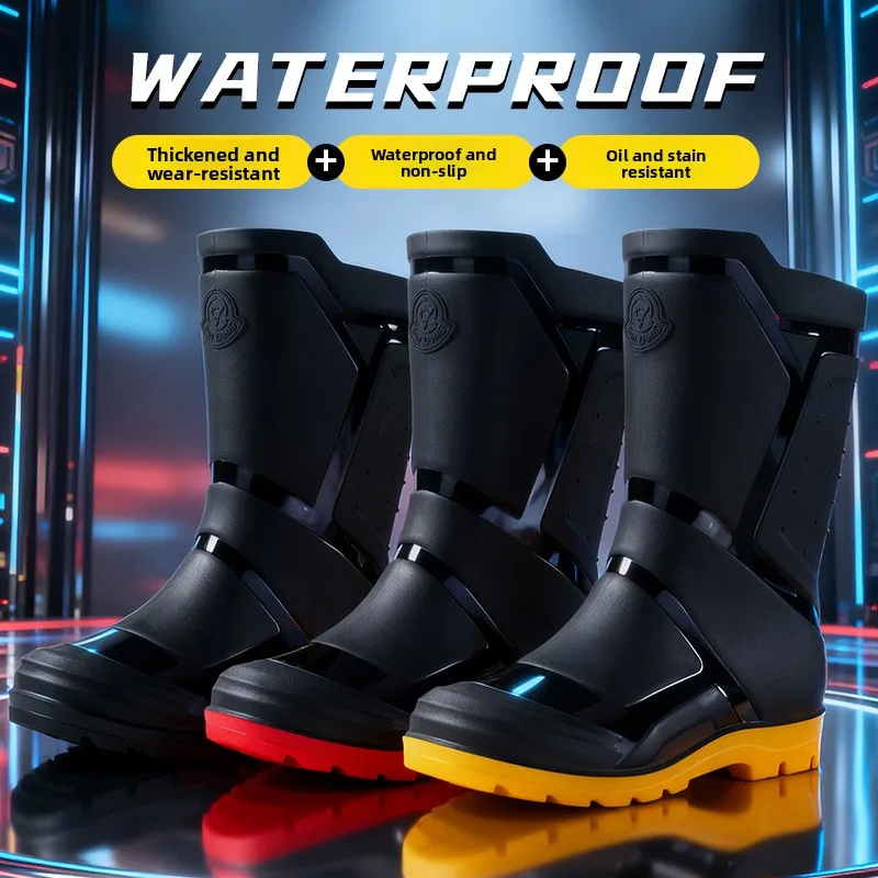 Bottes de pluie homme fashion mi-mollet imperméables antidérapantes outdoor lavage auto PVC bout rond talon bas