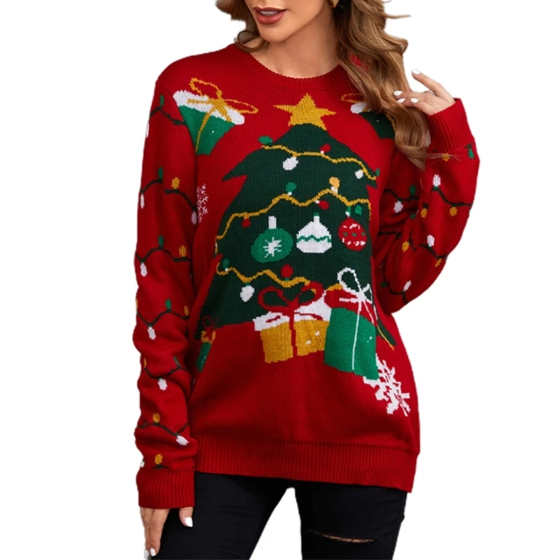 

Festive Knit Sweater Stylish and Comfortable Round Neck Tree Pattern Knitwears