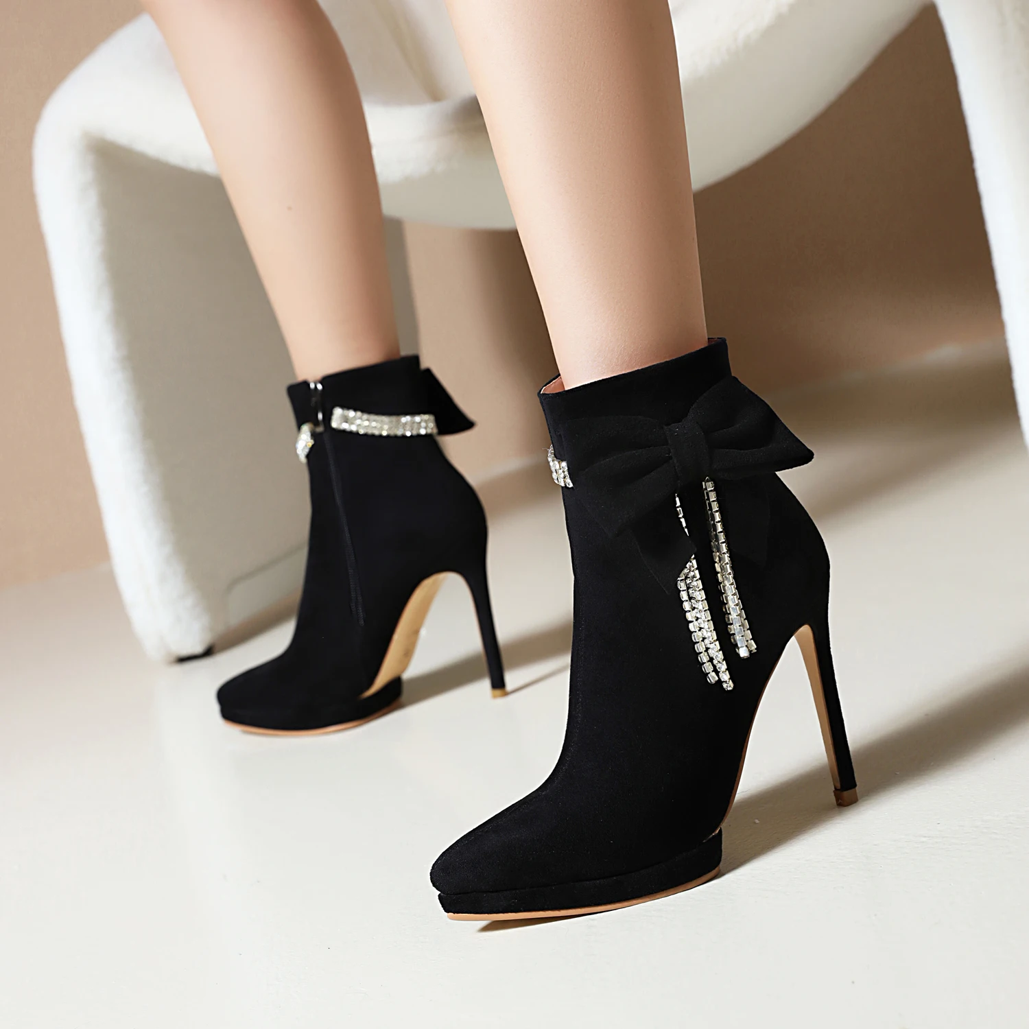 Black Ankle Boots Women 2022 Autumn Winter High Heels Shoes Latest Pointed Toe Flock Bow Crystal Decorate Stiletto Booties