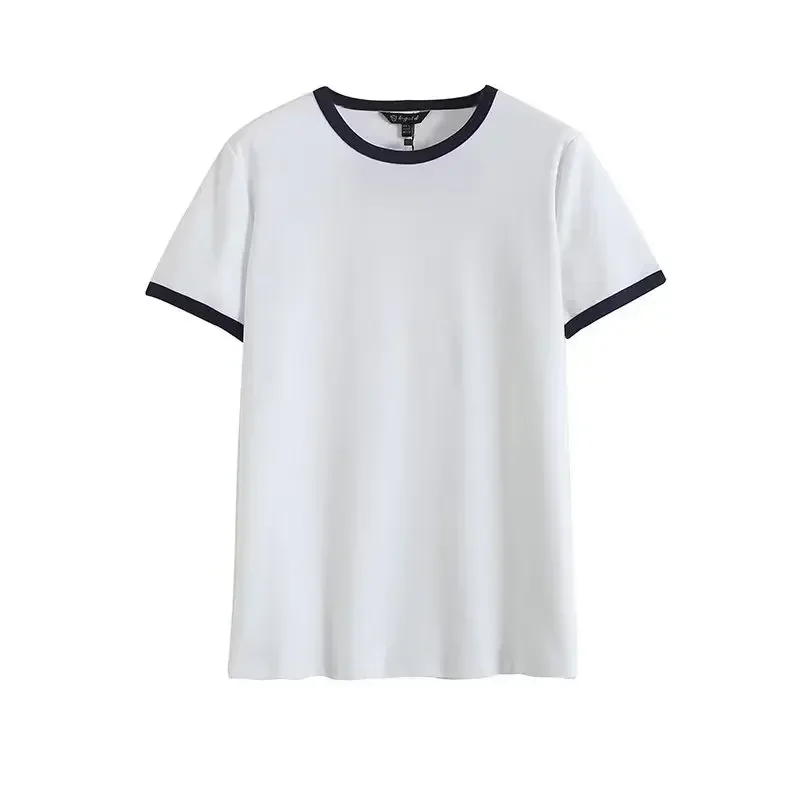 

Ladies 2023 New Fashion Two-color Classic Joker Contrast Casual Short-sleeved T-shirt Street Clothes Ladies Solid Color Top