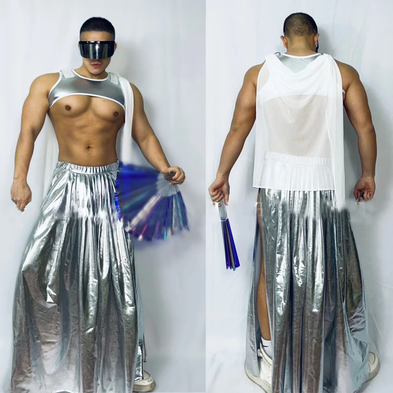 Sexy Silver Laser Vest Long Skirt Men Pole Dance Clothing Stage