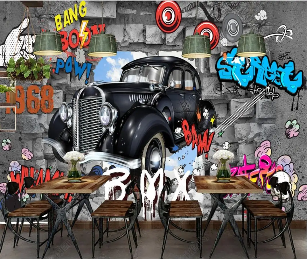 

wallpaper photo 3d custom mural Retro European style brick wall car graffiti living room home decor wallpaper for walls 3d