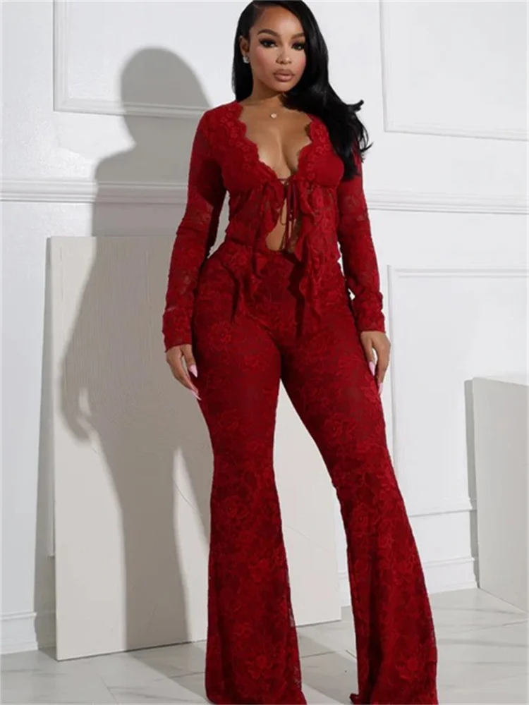 Wmstar Two Piece Set Women Sexy Lace Mesh  Hollow Out Top and Flared Pants Sets Club Outfits Matching Wholesale Dropshipping