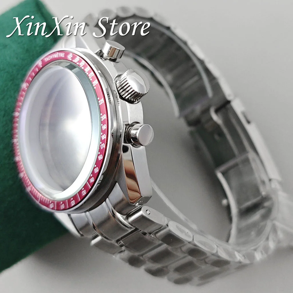 Elegant 39.7mm Red Bezel Speedmaster Watch Case with Quartz Movement Compatibility for 20mm Steel Band and 32.5mm Dial