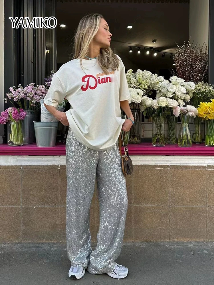 

YAMIKO Sequins Loose Style Straight-leg Mopping Pants Spliced Trendy And Fashion 2024 High-waisted Trousers Casual Long Pants