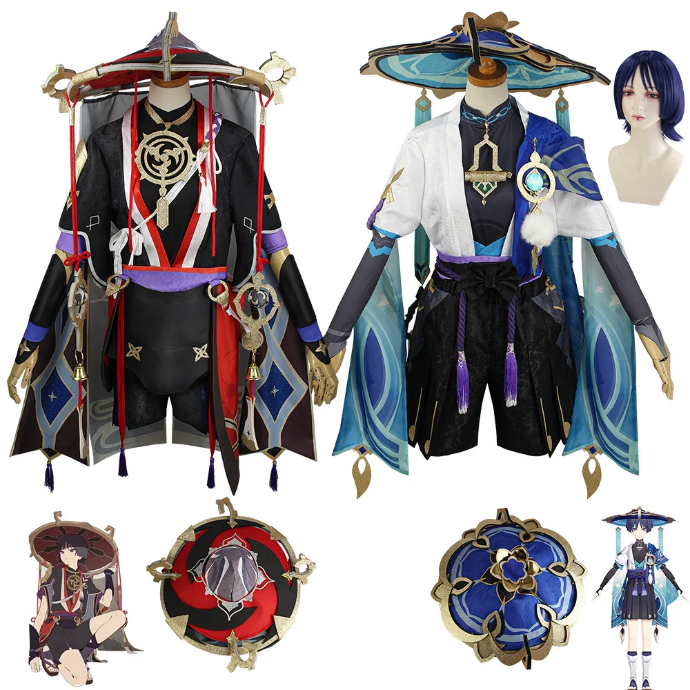 

Genshin Impact Scaramouche Wanderer Cosplay Costume Halloween Balladeer Kunikuzushi Bucket Hat Costume Wig Cos Sumeru Anemo Suit