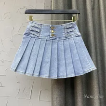 

Korean Style Skirts Womens Spring Summer Clothing 2022 New High Waist Single-Breasted Preppy Style Pleated Denim Faldas Blue