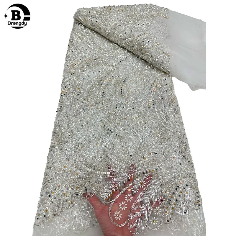 

Luxury African Beaded Lace Fabric Sequins 2024 High Quality Embroidery French Tulle Lace 5 Yards Nigerian Lace for Wedding R1084