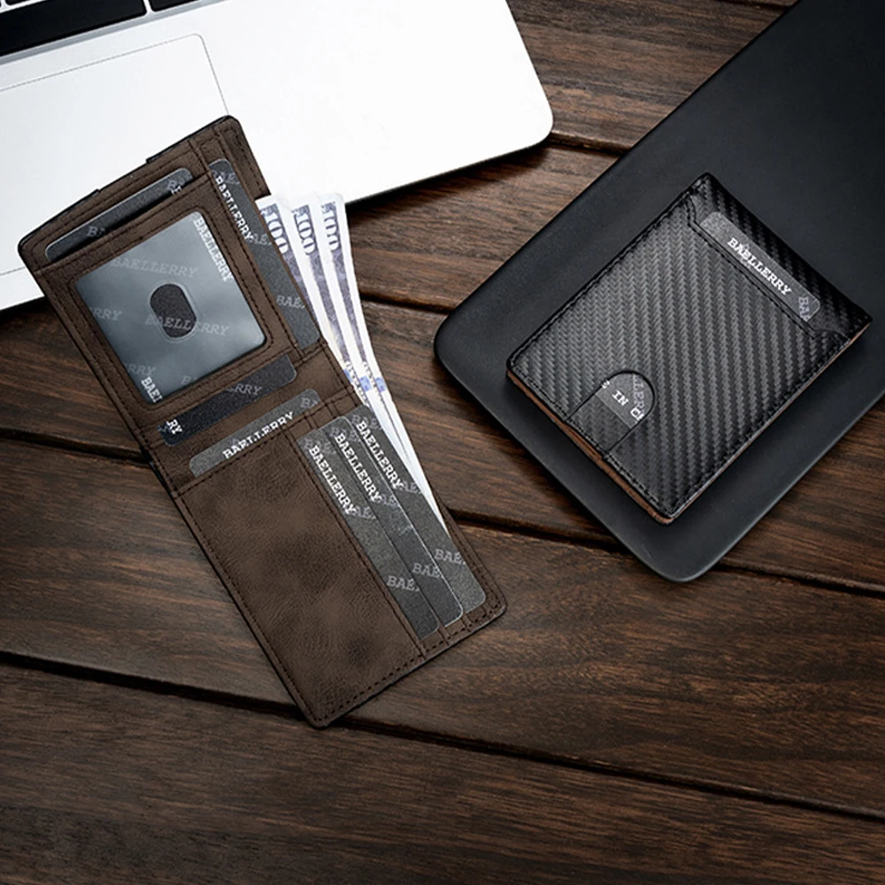 1Pcs Men's Carbon Fiber Pattern Bi-Fold Wallet with Transparent Id Window Multi-Card Slot Business Wallet